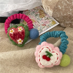 Cute wool felt heart hair ties with colorful pom-poms and spring cherry embroidery