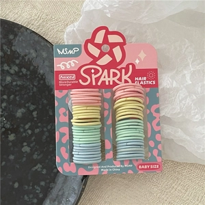 Close-up of pastel elastic hair ties on a pink leopard print card for toddlers