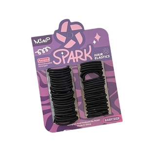Baby size high elasticity black hair ties set on purple display card packaging