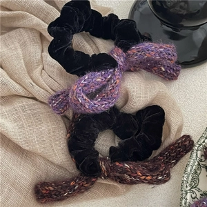Chic black velvet hair scrunchies with knitted wool bows in purple and brown for autumn