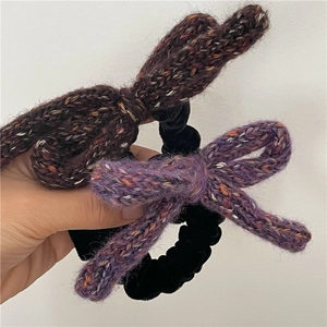 Autumn Winter Velvet Bow Scrunchies Handmade Knit Wool Hair Ties Thick Hair Rope Soft Velvet Ponytail Holder Hair Accessories