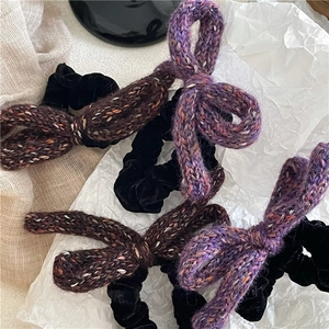 Winter knitted bow hair scrunchies in purple and brown with black velvet bands