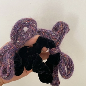 Knitted purple bow hair tie and black velvet scrunchie set for elegant ponytails
