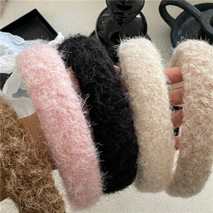 Plush wide headband in soft faux mohair fabric for winter, four colors assorted set