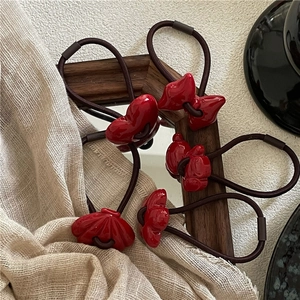 Korean Style Cute Red Hair Scrunchies For Women Girls Bow Heart Bear Shell Fabric Elasticity Ponytail Holder Hair Ties