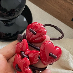 Red heart and bow hair tie set with decorative beads and high elasticity bands