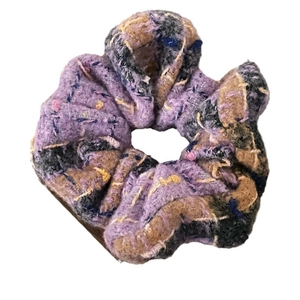 Classic purple tweed plaid scrunchie with textured wool fabric for elegant ponytails
