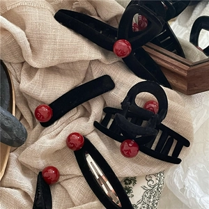 Fermagli per Capelli Retro in Velluto Floccato Nero Con Decorazione a Sfera Rossa Eleganti Pinze per Capelli Stile Francese per Donna Accessori