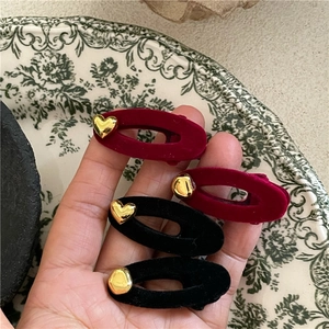 Vintage Flocked Oval Hair Clip For Women Alloy Rhinestone Bow Heart Duckbill Clip Elegant Velvet Bangs Clip Hair Accessories