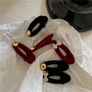 Velvet oval hair clip set with gold heart and rhinestone bow accents in black and burgundy