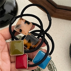 Retro Geometric Square Fabric Hair Tie With Alloy Frame High Elastic Ponytail Holder Elegant Styling Accessory For Women