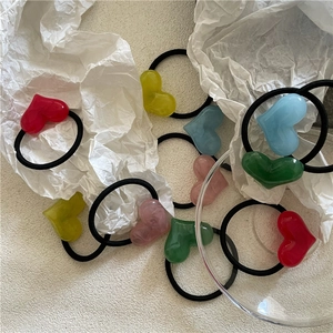 Colorful resin heart hair ties with high-elasticity black bands for girls ponytail
