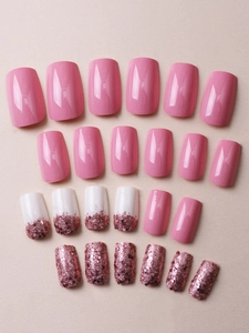 Detailed set of 24 pink gradient press-on nails with glitter finish and square shape