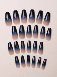 Detailed set of 24 long coffin gradient press-on nails from black to nude pink