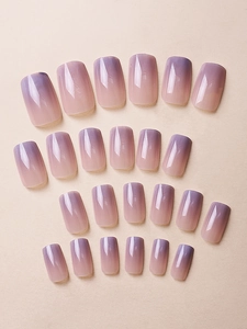 Detail view of 24pcs long square press-on nails with pink to purple gradient finish