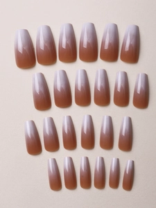 Detailed overhead view of 24pcs long coffin ombre gradient press-on nails in brown and grey