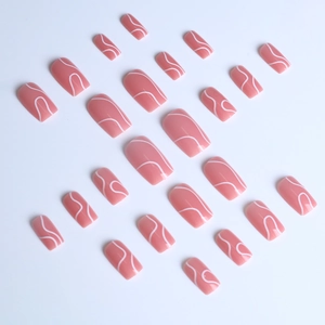 Detailed set of 24 pink long square fake nails with white abstract line patterns