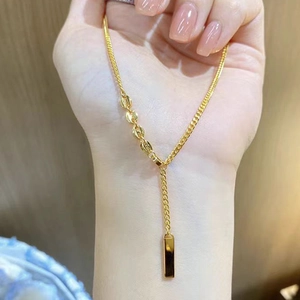 Elegant gold Y-shaped titanium steel necklace with rectangular pendant and oval beads
