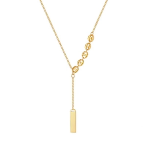 Gold titanium steel Y-shaped necklace with coffee bean links and rectangular pendant