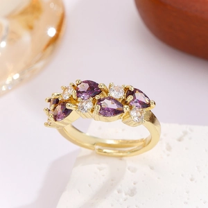 Adjustable gold plated open ring with pear purple and round white cubic zirconia stones