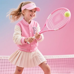Set giacca da baseball rosa e gonna a pieghe per bambini con adesivi per tatuaggi cartoon