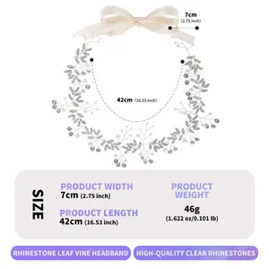 Detailed sizing chart for this silver bridal headband with rhinestones and pearls