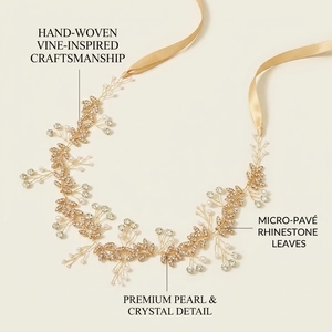 Macro detail of handmade gold vine headband with crystal leaves and champagne ribbons