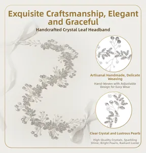 Detailed macro view of handmade leaf-shaped bridal headband with pearls and rhinestones