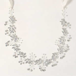 Elegant bridal hair vine with sparkling rhinestones, faux pearls and satin ribbons