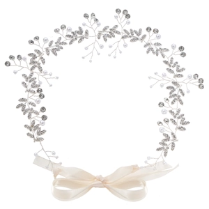 Silver bridal headband featuring marquise rhinestones and white pearls with cream ribbon