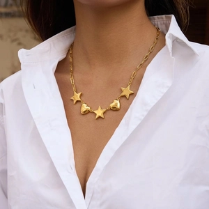 Collier En Acier Inoxydable Plaqué Or Chaîne Trombone Breloques Cœur Et Étoile Bijoux Imperméables Hypoallergéniques