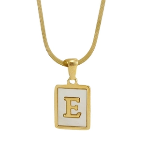 Golden square shell necklace with capital letter E pendant on flat snake chain for women
