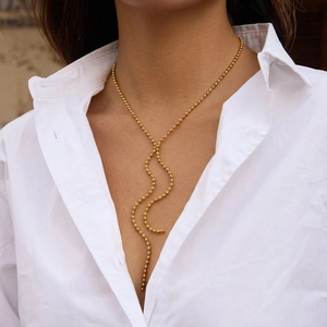Geometric Bead Chain Necklace 18K Gold Plated Stainless Steel Long Tassel Sweater Chain Women Minimalist Daily Jewelry