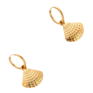 18K gold plated stainless steel hoop earrings with textured shell pendants on white background