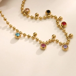 Gold-plated stainless steel bead necklace with six vibrant colorful zircon pendants