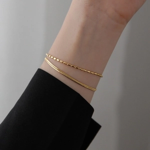 Minimalist double layer gold snake chain and bead bracelet set for women fashion