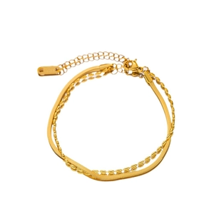 Double-layered gold snake and satellite chain bracelet in polished stainless steel for women