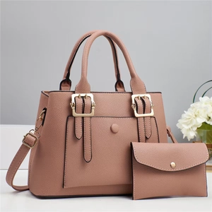 Minimalist pink leather tote bag set with metal buckle and adjustable strap
