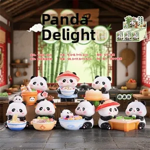 Detail of Panda blind box figurines with food and mahjong elements in a cozy kitchen setting