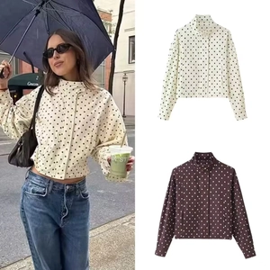 Women Polka Dot Jacket Polyester Stand Collar Long Bubble Sleeve Zipper Utility Fashion Outerwear Retro Elegant Style