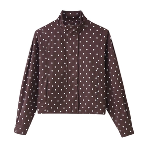 Stylish brown women's utility jacket featuring a white polka dot print and stand collar