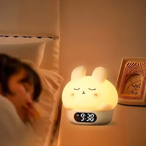 Rabbit Digital Alarm Clock Night Light Silicone Tap Control Temperature Display Rechargeable LED Dimmable For Kids
