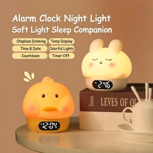 Cartoon chick and bunny smart night light alarm clock with digital temperature display