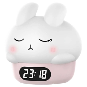 Cute bunny digital alarm clock with soft LED night light and pink silicone base