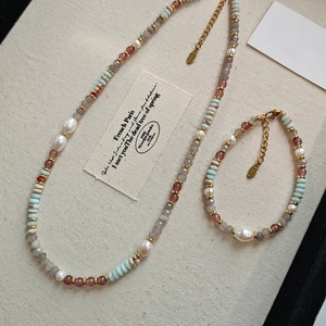 Natural Stone Freshwater Pearl Jewelry Set For Women Bohemian Handmade Beaded Necklace Bracelet Freshwater Pearl Agate Choker Fashion Commute Accessory