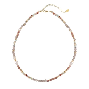 Colorful freshwater pearl necklace with natural stones and adjustable golden lobster clasp