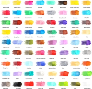 Complete color chart for 72 water-soluble pencils featuring English color names