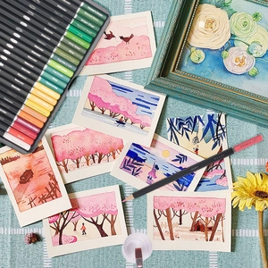 Detailed view of 72 watercolor pencil set with artistic sketches and color names