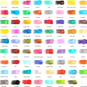 72-color watercolor pencil swatch chart showing vibrant pigments for hand-drawn art
