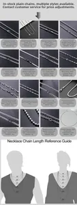Detail grid of sixteen different stainless steel chain styles with length and width specs